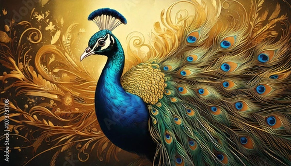 Fototapeta A vibrant peacock with bright blue and green feathers is showcased against a golden retro-inspired background