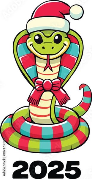 Fototapeta Vector illustration on the theme new year 2025. The main symbol of the new year snake in Christmas outfit on white background. For the design of holiday advertising banners.