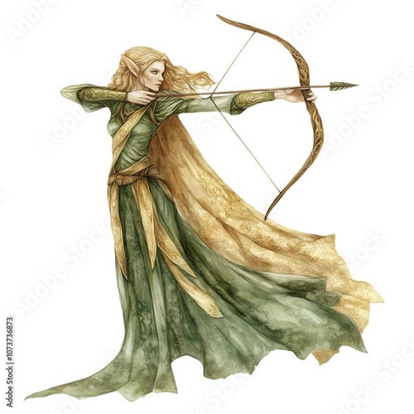 Fototapeta A Graceful Elven Archer with a Bow Dressed in Flowing Green and Gold Robes