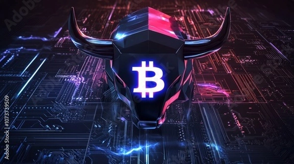 Fototapeta A digital bull representing bullish trends in cryptocurrency with Bitcoin logo against a futuristic tech background