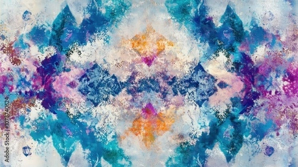 Fototapeta Rhombus Design with Sea Inspired Psychedelic Tie Dye White Acrylic Artwork featuring Aqua African Ikat and Ethnic Bohemian Patterns