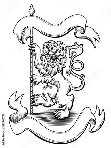 Fototapeta Figure of Roaring Lion Standing on Hind Legs, Holding Flag in Paws. Ribbon. Outline Hand Drawn Illustration. Engraving.  Element for Heraldic Design, Coats of Arms, Mascot