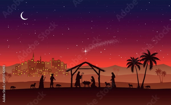 Fototapeta Christmas Nativity scene background. Jesus Christ infant born in the desert setting. Vector illustration.