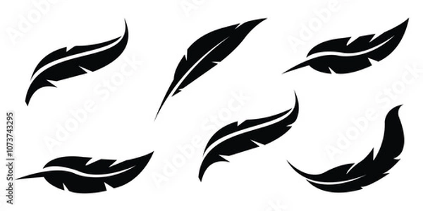 Fototapeta Feather icon set. Collection of black silhouettes of a bird feather isolated on a white background. Minimalist feather quill pen logo flying - Elegant. Vector art illustration.