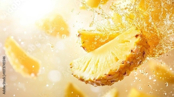 Fototapeta Fresh pineapple slices splash into sparkling water, creating an energetic scene on a sunny day
