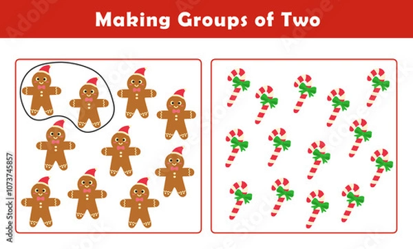 Fototapeta Christmas activity sheet. Making Groups of Two Worksheet. Grouping Picture Math Activity for Kids. Fun Math Activity for Children. 