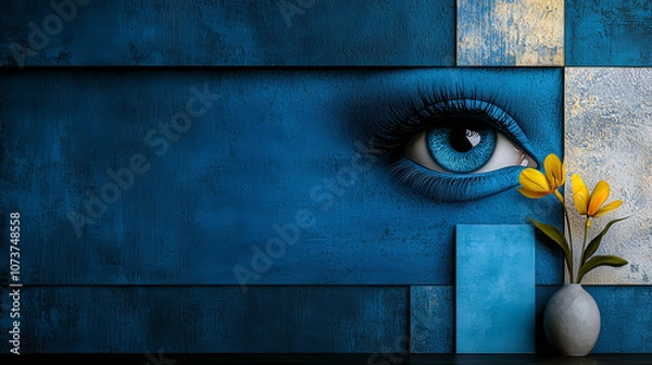 Fototapeta A blue and white wall with a woman's eye and a vase of yellow flowers. The wall is made of bricks and has a unique design. The vase is placed on a table