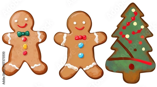 Fototapeta Cute Gingerbread Men and Christmas Tree Cookie Decoration, Isolated on transparent background.
