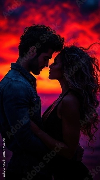 Fototapeta   A man and woman stand together, facing an orange-pink sky with cloudy backdrop