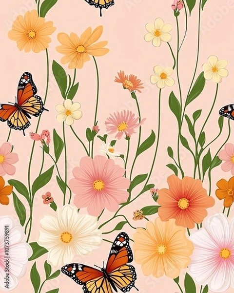 Fototapeta seamless pattern design cute pastel illustration animal, Colorful flowers and butterflies in a vibrant design.
