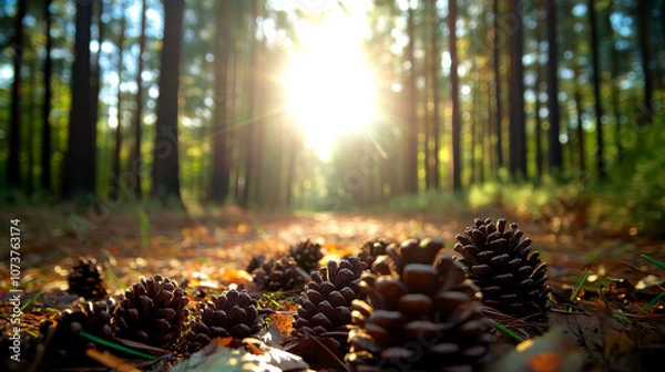 Obraz Pine cones scattered on a forest floor illuminated by sunlight filtering through tall trees, creating a tranquil and serene atmosphere in nature.