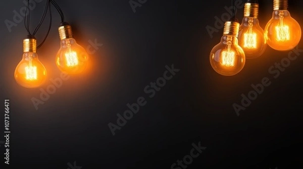 Fototapeta Several hanging light bulbs suspended against a minimalist dark backdrop emit a warm glow, evoking a sense of mystery and elegance in a modern setting.