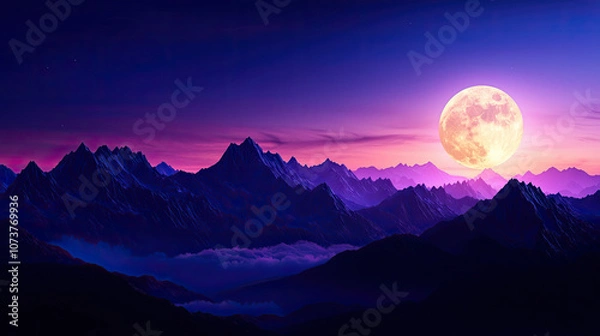 Fototapeta A serene mountain landscape illuminated by a vibrant full moon, showcasing a stunning gradient of twilight colors.