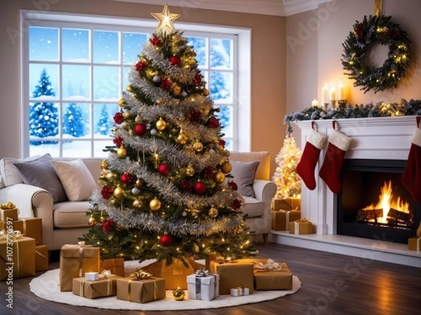 Fototapeta A cozy Christmas scene with a glowing tree and warm fireplace