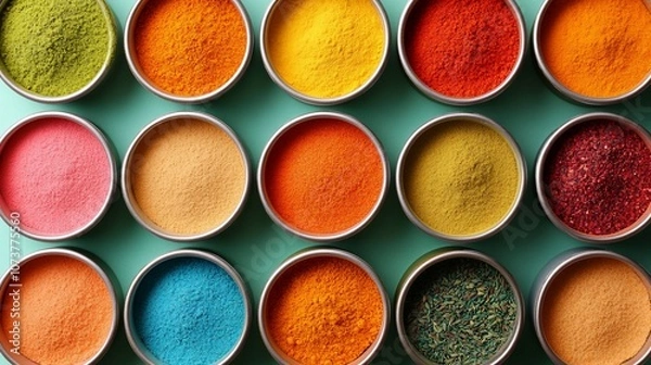 Fototapeta Colorful spices in small bowls on a green background.