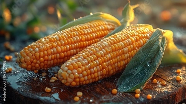 Fototapeta Two fresh corn cobs with husks on a wooden surface.