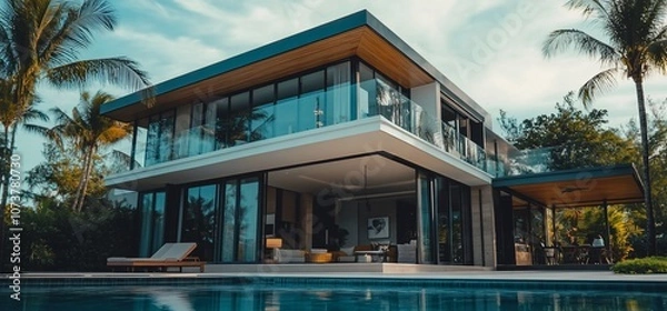 Fototapeta Modern house with large windows and a pool overlooking the ocean.