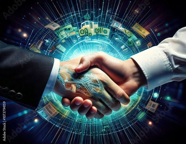 Fototapeta Businessman shaking hands with robot over digital global network. AI Generated