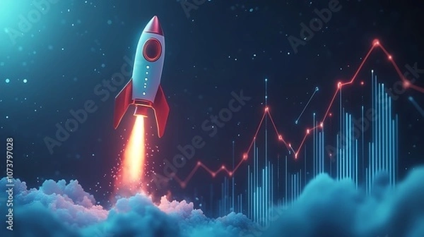 Fototapeta A rocket ship with business graph bar chart, Rocket business graph background
