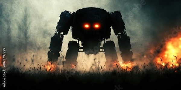 Fototapeta A massive robotic figure looms in a smoky, fiery landscape, its glowing eyes piercing the haze, This dramatic image can be used for sci-fi themes, storytelling, or futuristic design concepts,