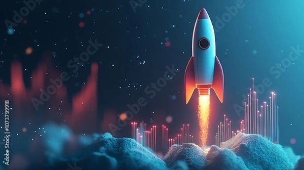 Fototapeta A rocket ship with business graph bar chart, Rocket business graph background