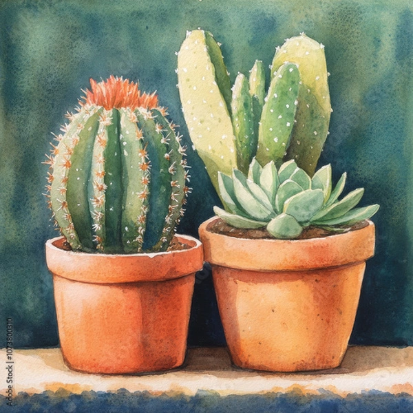 Obraz Whimsical watercolor cacti and succulents, desert plants in terracotta pots