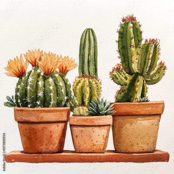 Obraz Whimsical watercolor cacti and succulents, desert plants in terracotta pots