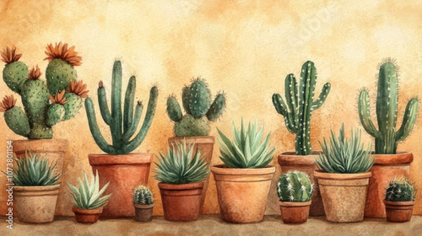 Obraz Whimsical watercolor cacti and succulents, desert plants in terracotta pots