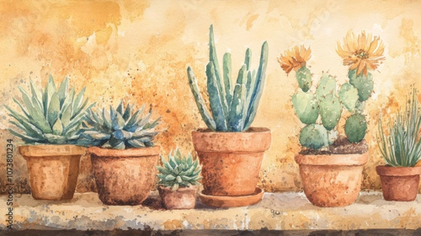 Obraz Whimsical watercolor cacti and succulents, desert plants in terracotta pots