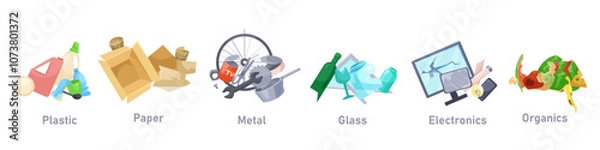 Obraz Six types of waste materials with labels plastic, paper, metal, glass, electronics, organics. Vector illustration