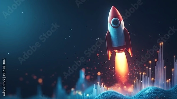 Fototapeta A rocket ship with business graph bar chart, Rocket business graph background