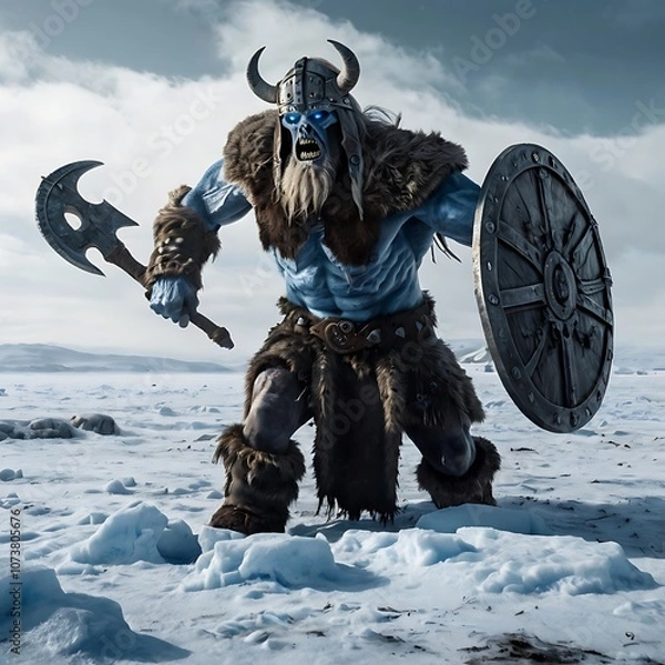 Fototapeta A hulking Draugr rising from a frozen grave in a desolate tundra. Nordic Creatures.Folklore Illustrations