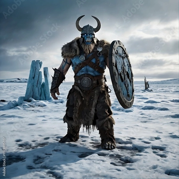 Fototapeta A hulking Draugr rising from a frozen grave in a desolate tundra. Nordic Creatures.Folklore Illustrations