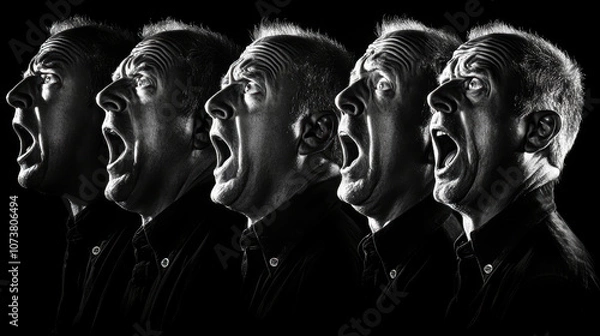 Obraz Multiple profiles of a man screaming in black and white with dramatic lighting