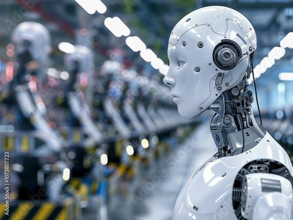 Fototapeta White humanoid robot standing on assembly line in factory