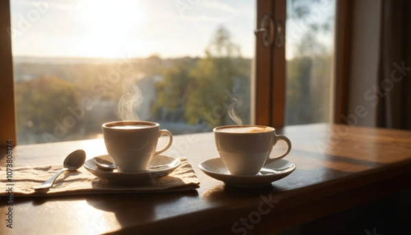 Fototapeta Cozy Morning Coffee on Sunlit Wooden Table with Soft Warm Reflections by a Large Window