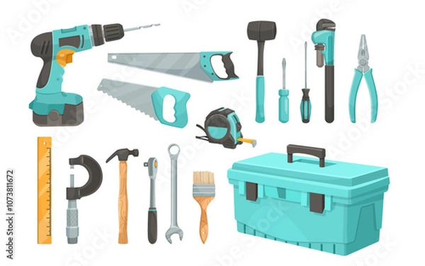 Obraz A collection of various tools including a drill, saws, and a toolbox. Vector illustration