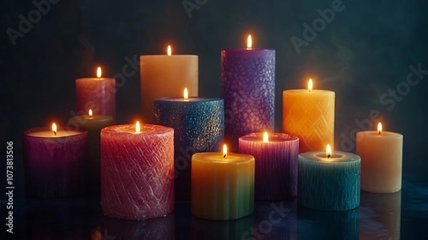 Fototapeta Ten candles with different colored waxes and textures, burning brightly, reflected on a dark surface.