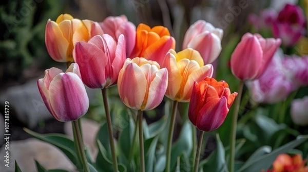 Fototapeta Close up of vibrant tulips in bloom A beautiful arrangement of colorful flowers in a garden setting