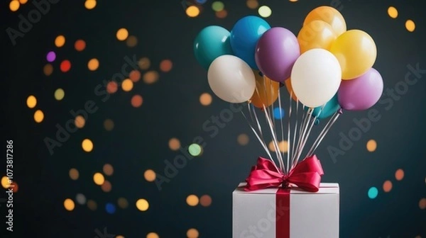 Fototapeta Colorful birthday balloon celebration gift box arranged with an explosion of festive decorations