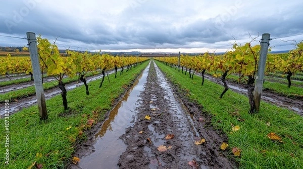 Fototapeta A flood submerges fields and vineyards, causing murky waters to envelop the land.
