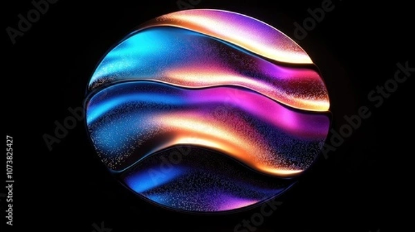 Fototapeta Abstract glittery textured radial foil neon light against a black backdrop featuring liquid chrome color shapes and vibrant holographic gradient waves