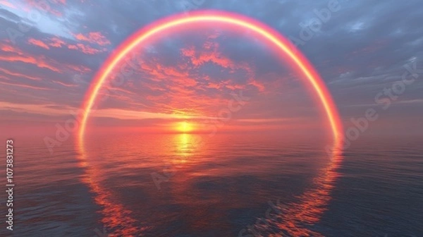 Fototapeta A stunning sunset over calm waters, with vibrant hues painting the sky and a serene reflection on the surface.