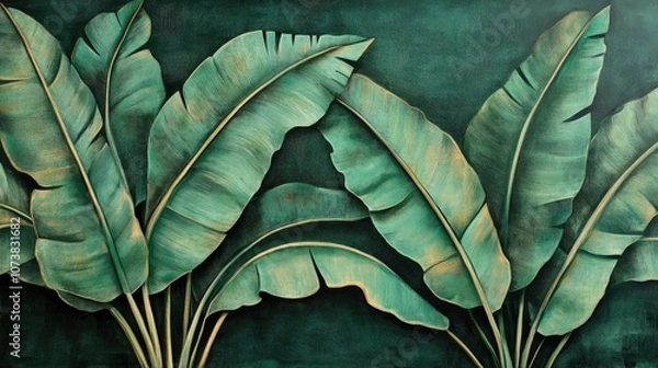 Obraz Tropical banana leaf texture with large palm foliage against a rich dark green backdrop