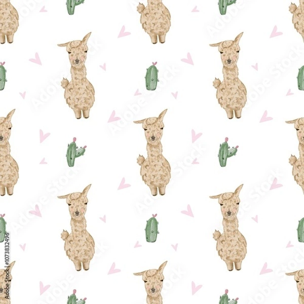 Fototapeta lama watercolor background, lama watercolor pattern, alpaca watercolor background, alpaca patterns, animals seamless pattern, cute animal pattern