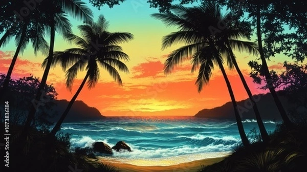 Fototapeta Vibrant sunset over a tropical beach framed by palm trees, creating a serene and enchanting coastal atmosphere.