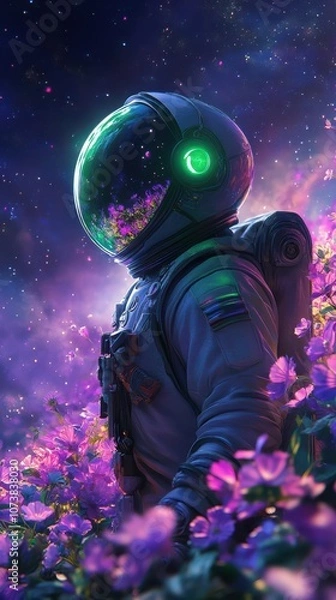 Obraz Astronaut Among Neon Flowers in Space