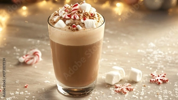 Fototapeta Creamy peppermint mocha with crushed candy cane garnish, served in a clear glass with snowflake-shaped marshmallows on top