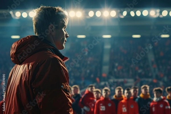 Obraz Soccer coach provides strategic guidance to focused players during a nighttime match as stadium lights create a dramatic atmosphere on the field
