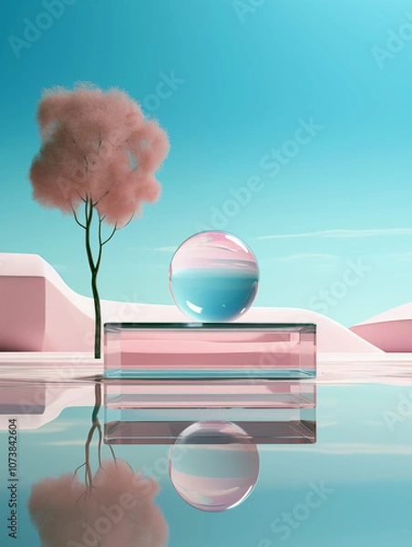 Fototapeta Minimalistic scene with a pink tree and a glass sphere reflecting on a water surface under a blue sky